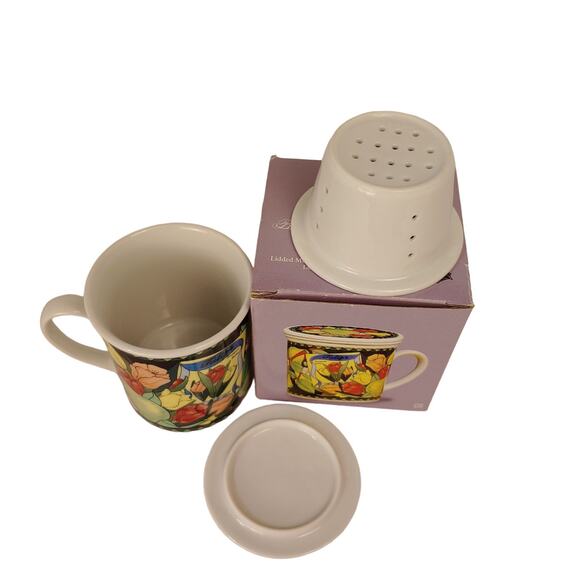 Tulips Hues and Brews Lidded Mug & Tea Infuser Insert Lid used as a coaster - Picture 3 of 7